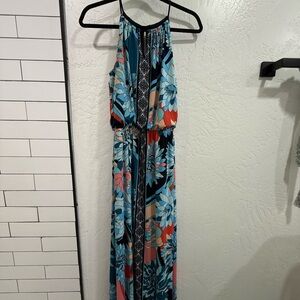 London Times Blue and Coral Floral Dress